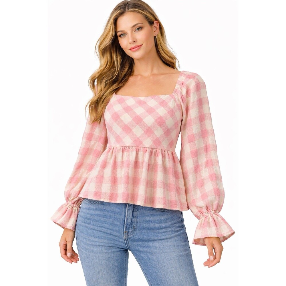 Entro Women's Pink White Gingham Babydoll‎ Blouse L Square Neck Ballon Sleeve